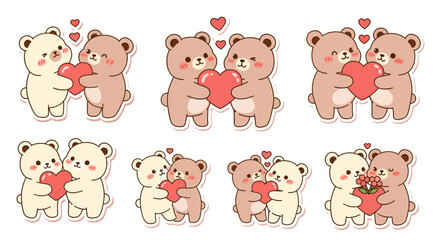 Obraz premium Cute Bear Couples Hugging and Holding Heart Symbols