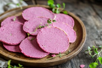Round beetroot chips served on wooden plate with microgreens. Concept: natural snack, healthy eating, vegan, simplicity and rustic presentation.