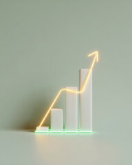 Golden 3D arrow and geometric bars on mint green  background. Concept of progress, finance, success, and upward trend in minimal modern style.