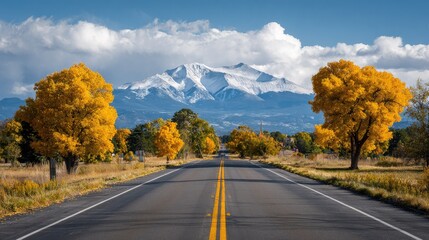 Paved roadway leads toward massive snowcapped mountain under bright cloudy sky