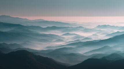 Fototapeta premium A calm cinematic mountain scene with soft fog and early morning light, perfect for meditation and travel visuals.