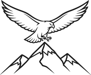 Obraz premium Majestic black and white line art illustration depicts a powerful soaring eagle descending toward sharply peaked mountain summits creating an emblem of freedom and natural majesty for design.
