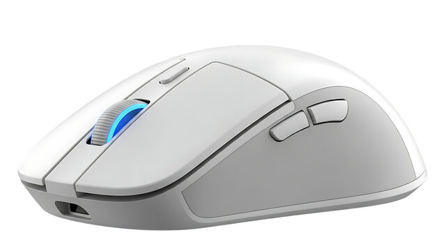 A white computer mouse isolated on transparent background with blue light