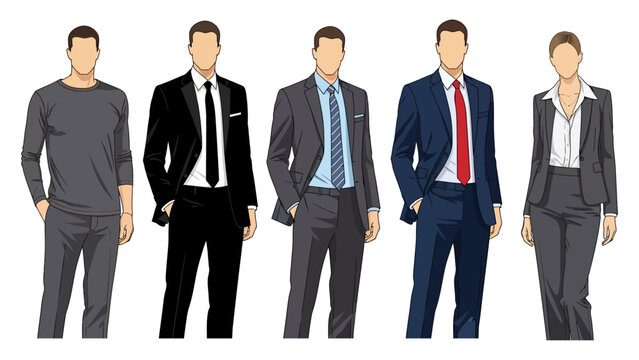 Various fashionable business male and female standing in office worker suit vector illustration transparent background.