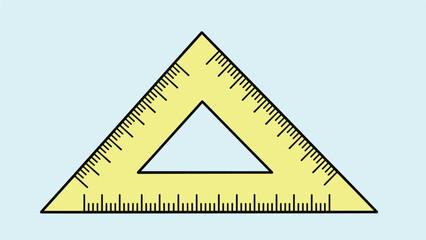 Yellow plastic triangle ruler with measurement markings shown against a light blue background for school, math, or drafting theme projects.