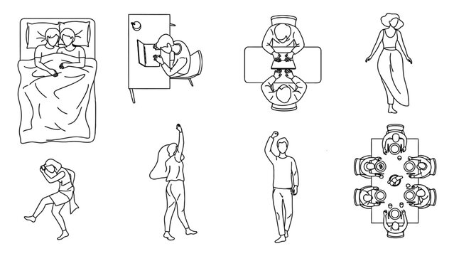 Top view of people in different positions, like sleeping, working, and relaxing, vector design graphic art representing activities design.