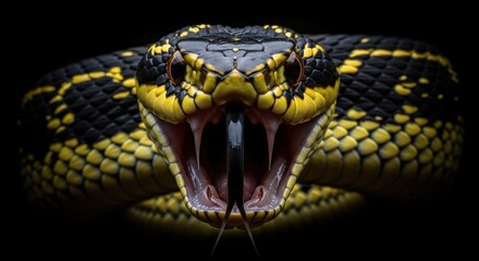 Obraz premium Venomous snake with open mouth and sharp fangs on black background