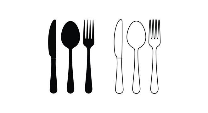Black and white illustration of cutlery knives forks and spoons