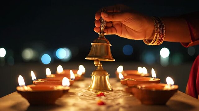 Rows Of Lit Diyas And A Hand Ringing A Small Brass Bell At Night With Blurred Bokeh Lights In Background