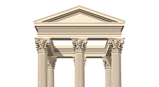 Classical Greek Temple Facade with Ionic Columns and Pediment, Architectural Illustration, Ancient Monument, Ionic Order, Stone Structure, Pediment Detail, Column Capi...