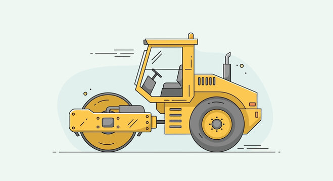 Bright Yellow Road Roller Construction Machine Illustration Flat Design Style