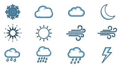Obraz premium Set of weather icons including sun, rain, snowflake, wind, moon, lightning, and cloud in outline blue vector illustration.