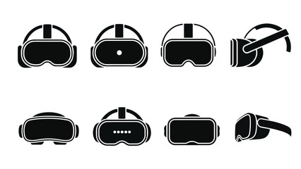 A collection of virtual reality headset icons in black and white