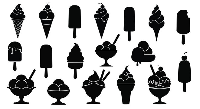 Black silhouette icons depicting various types of frozen desserts and ice cream