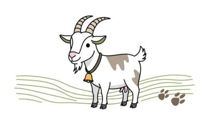 Poster Boerderij Friendly cartoon goat with a small bell around its neck standing on stylized green grass in a simple farm scene.  © Shoubj