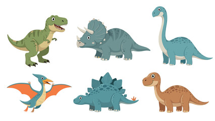 Obraz premium Set of colorful cartoon dinosaurs including a T-Rex, Triceratops, and Brachiosaurus, ideal for kid's room decor.