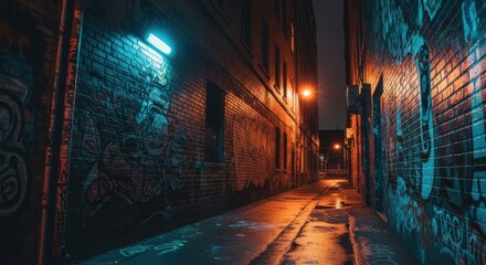 Fototapeta premium Vibrant graffiti covered alleyway at night with neon lights