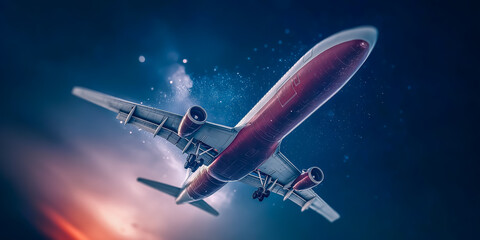 Obraz premium 夜明け前の滑走路と飛行機 出発・挑戦を象徴するビジュアル