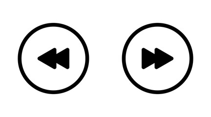 Black fast forward and rewind arrows in circular buttons for media player control. Outline Version.
