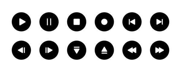 Black media player control icons set with play, pause, stop, record, navigation, and eject symbols. Solid Styles