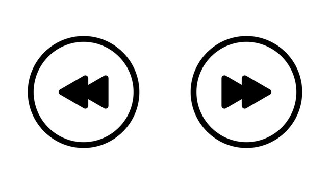 Black fast forward and rewind arrows in circular buttons for media player control. Outline Version.