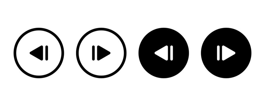 Rewind and fast forward button icons set in outline and solid styles for media players
