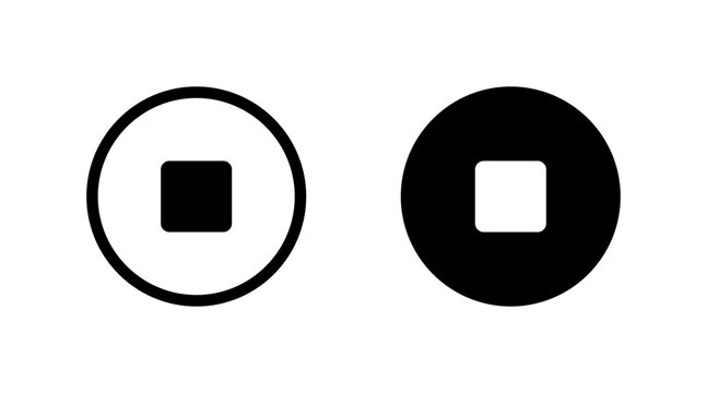 Stop button icon set for media control and user interface designs with outline and solid dark versions