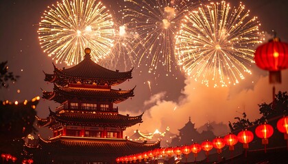 Fototapeta premium Glowing fireworks and cultural festivities at chinese temple during lunar new year