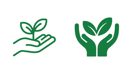A green icon of hands holding a growing plant symbolizing nature and growth