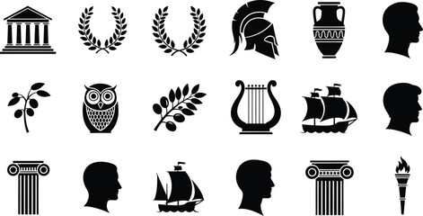 Ancient Greek Icons Temple Laurel Wreath Helmet Amphora Ship Head symbol