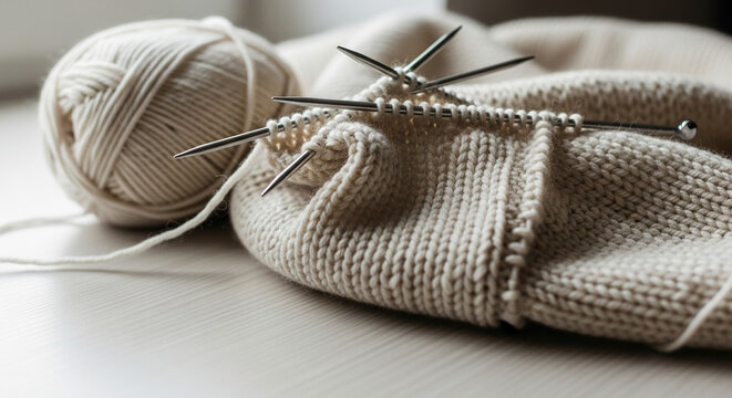 Yarn ball and knitting needles on soft beige fabric background  