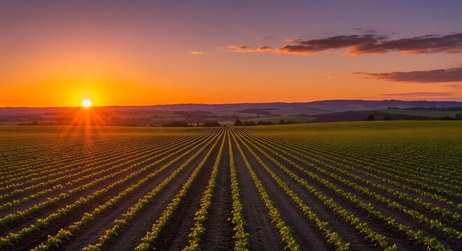 Rows of young crops in a field at sunset, with a vibrant sky and rolling hills in background