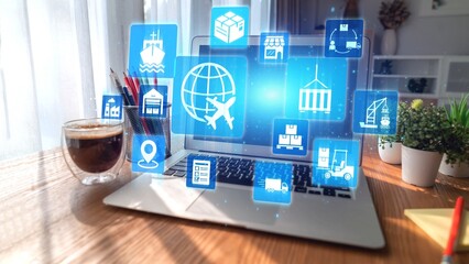 Global shipping icons show transport, logistics, and cargo delivery. Global shipping connects...