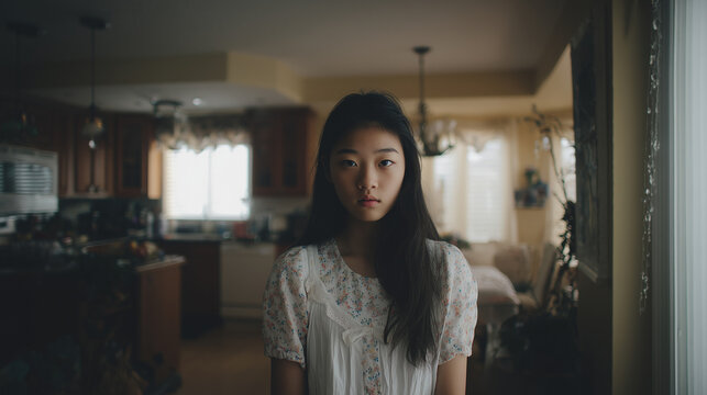 At-home portrait of an East Asian teen in a shared living space, shown with calm, serious expression and soft natural light. Asian teenager boy standing neer window, looking outside. Diversity theme.