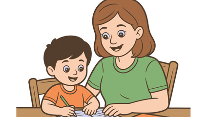 A woman helping a young boy with his homework at a desk
