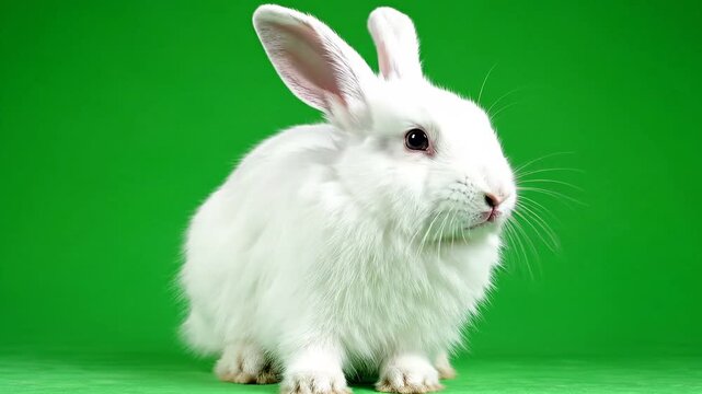 Adorable white rabbit sitting on green background looking cute