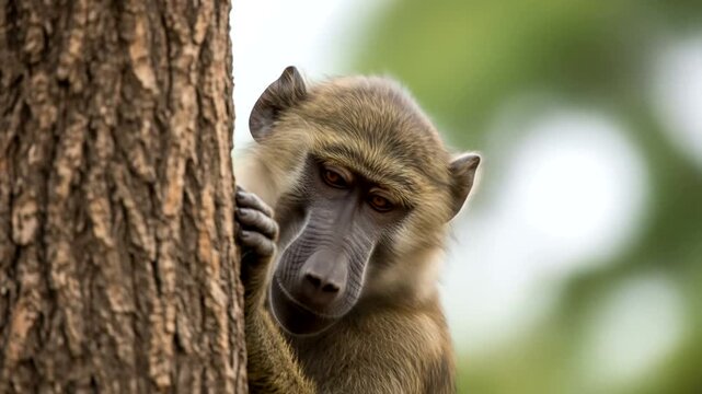 A curious baboon peering from behind a tree in a lush green forest setting