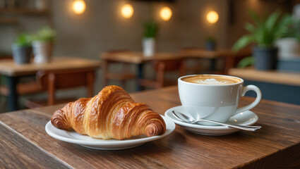 Croissant and cappuccino on wooden table, cozy coffee shop atmosphere