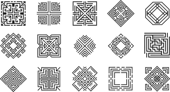 Geometric Maze and Labyrinth Patterns in Square and Diamond Shapes on White Background Keywords: geometric, maze, labyrinth, pattern, square