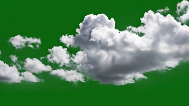 Dramatic white clouds floating across vibrant green screen background