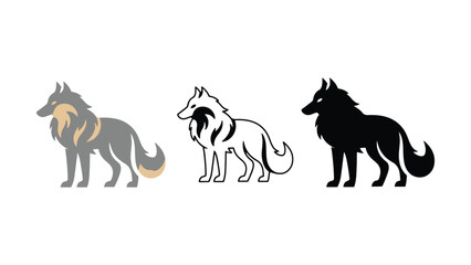Three wolf silhouettes in different colors on a white background