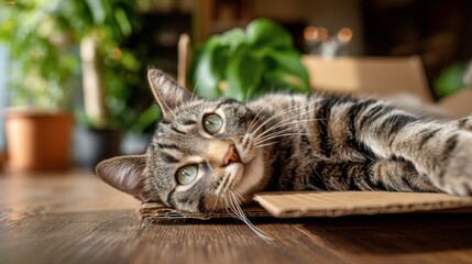 Relaxed Tabby Cat Stretching on Cardboard with Green Plants in Background Creating a Cozy Indoor Atmosphere for Home Environment Photography