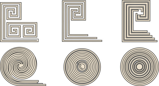 Set of Six Geometric Greek Key and Spiral Motifs in Beige and Black meander swirl