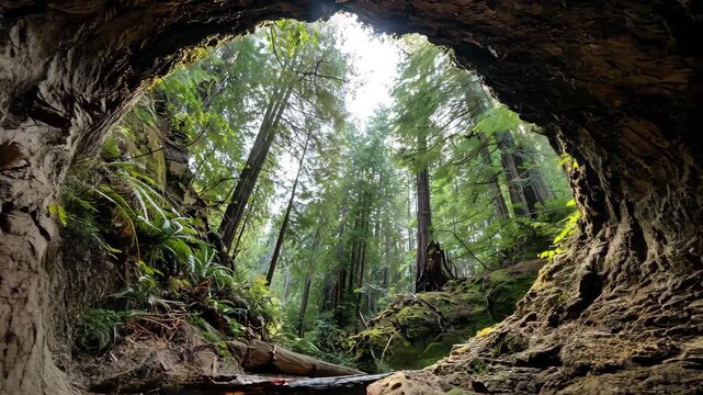 View from inside a cave looking out at a lush forest