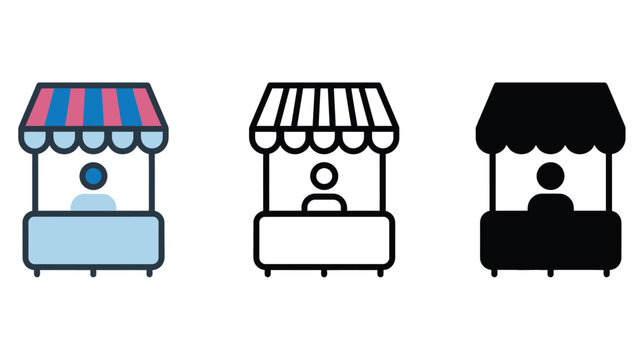Three different colored market stall icons on a white background
