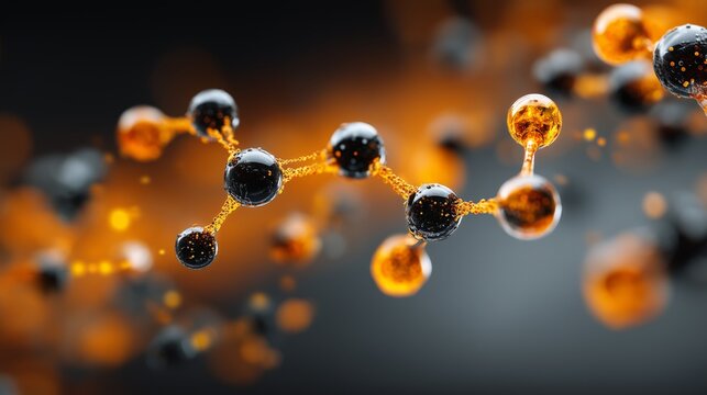 Glowing molecular structures with connected black and orange atoms across scientific abstract backgrounds for educational visuals. Chemistry research, nanotechnology innovation, and physics visual