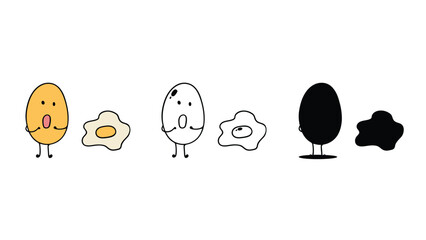 A group of cartoon eggs in different stages and colors standing together