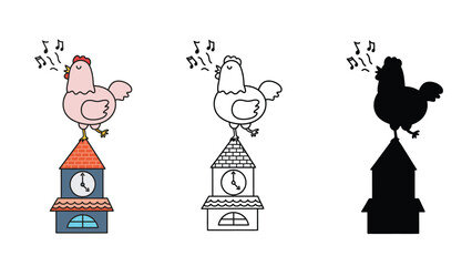 A cartoon rooster sings on top of different clock towers in various colors