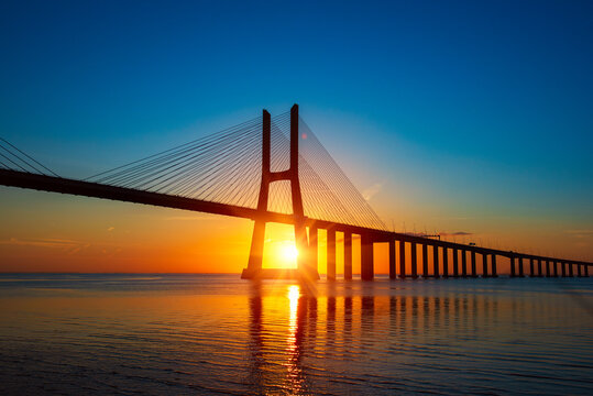 Vasco da Gamma road bridge in Portuguese capital Lisbon at sunrise.