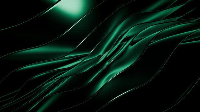 Abstract glossy green waves flowing across a dark background with smooth metallic surfaces. Seamless loop animation of elegant 3D curves stretching diagonally with liquid metal effect. Looped 4K 60fps